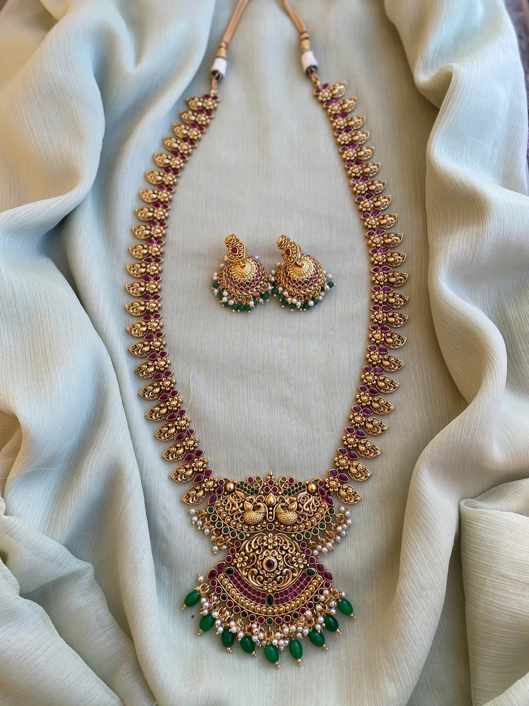 Guttapusalu Peacock Long Haram with earrings